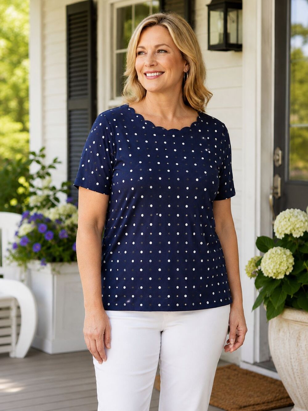 Talbots Women 2X Navy Blue White Polka Dot Scallop Neck Short Sleeve Cotton Top